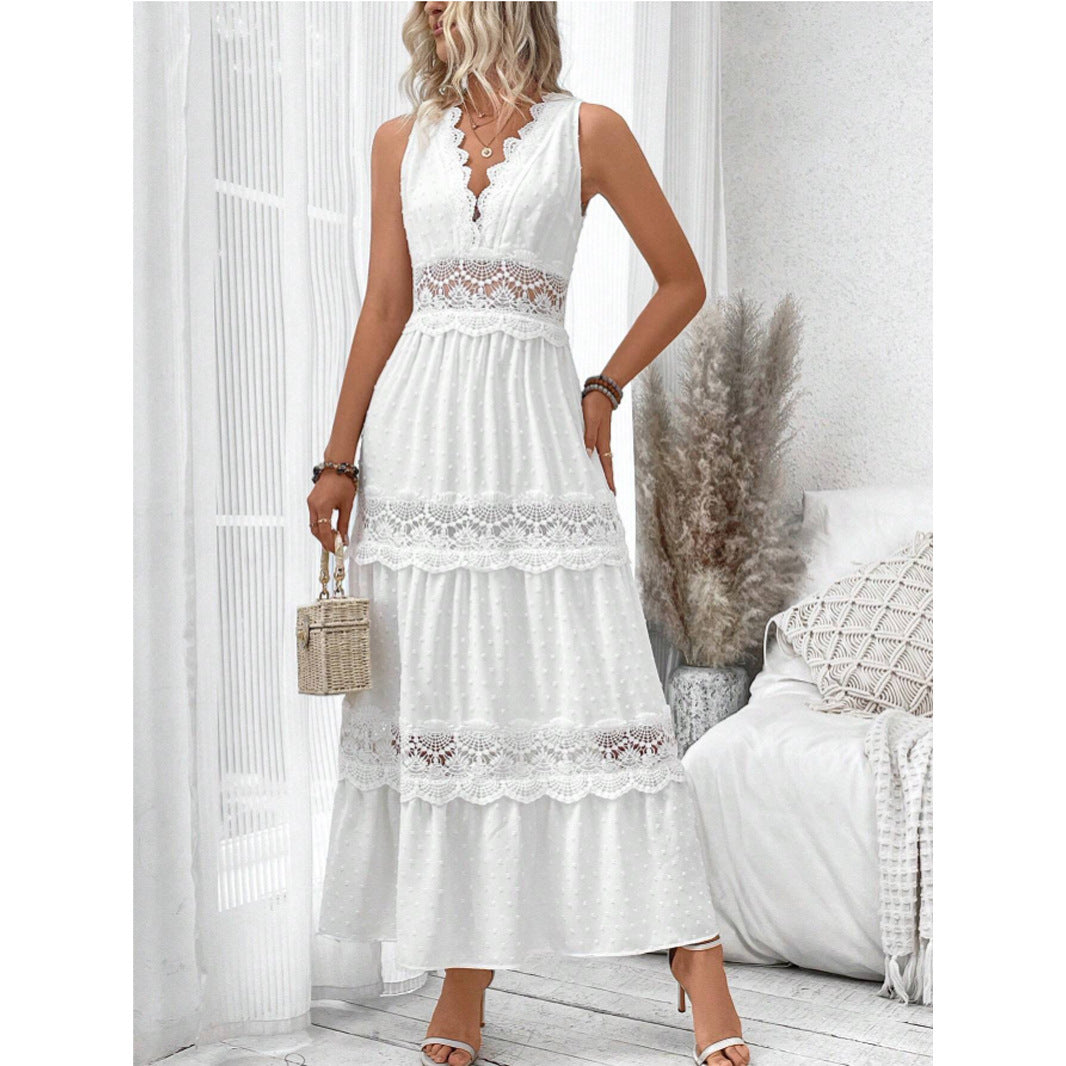 Women's Lace Stitching V Neck Sleeveless Dress