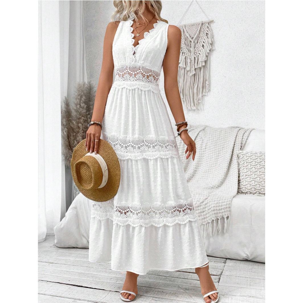 Women's Lace Stitching V Neck Sleeveless Dress