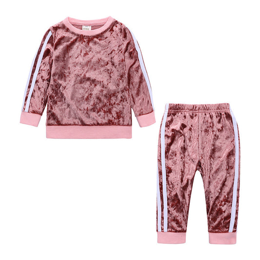 Kids Fall Fashion Style Pink Velvet 2 Piece Set