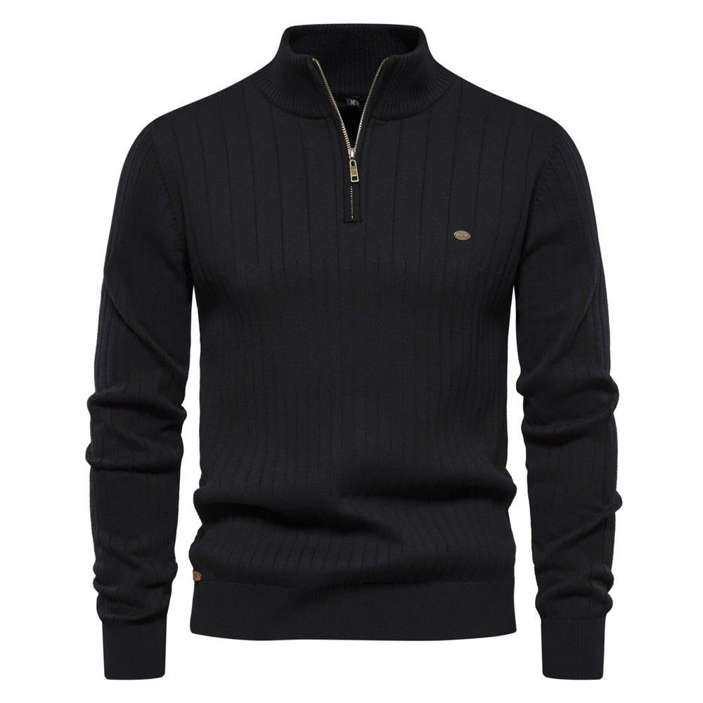 Fashionable Knitted Men's Sweater with Stand Collar and Half Zip