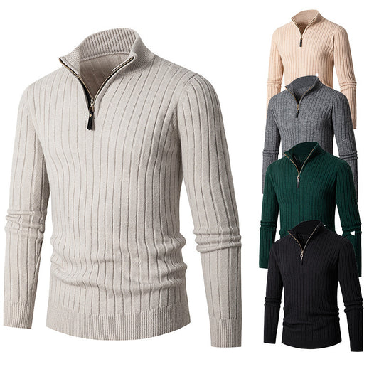 Men's Sweater with Long Sleeves and Half Polo with Half Zip Design