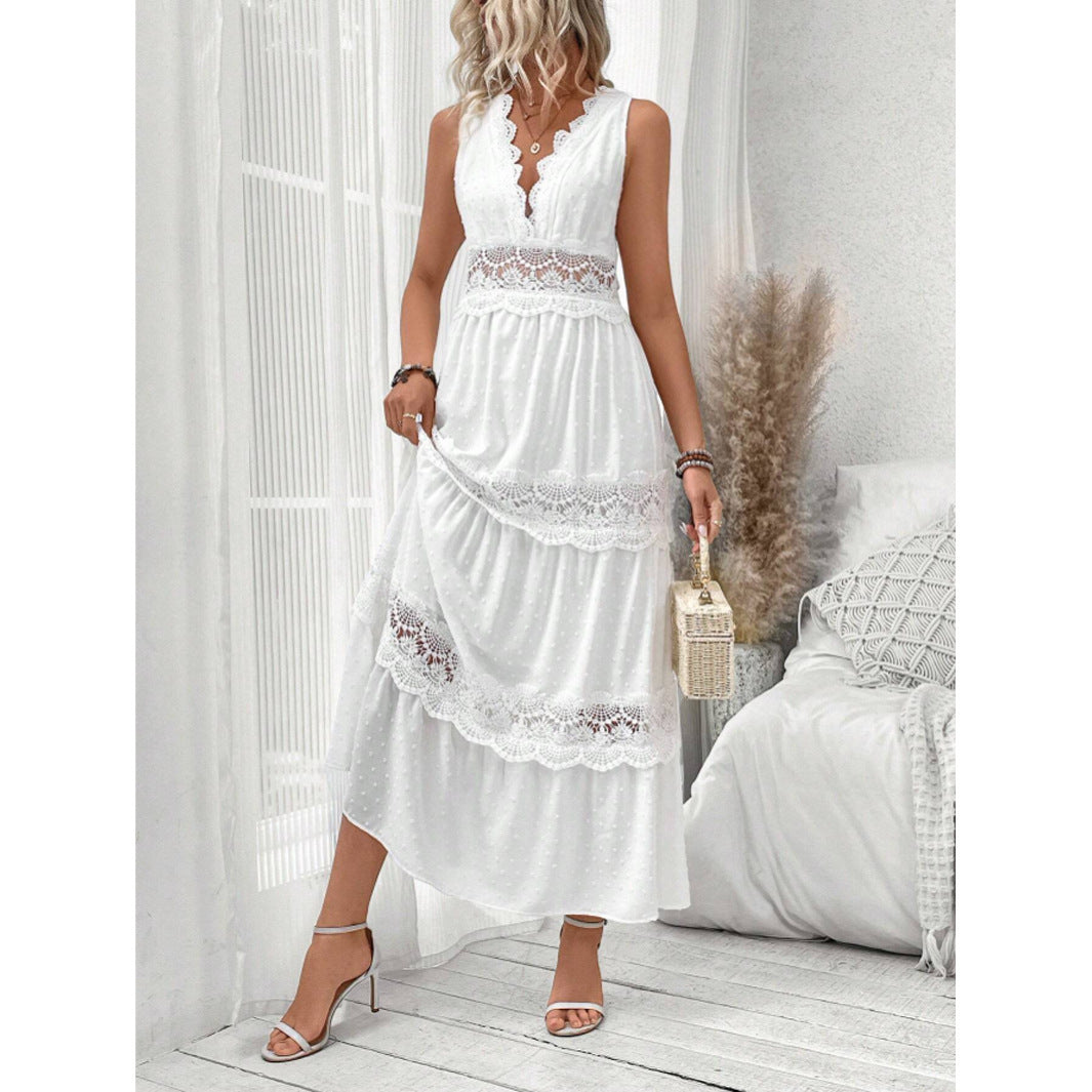 Women's Lace Stitching V Neck Sleeveless Dress