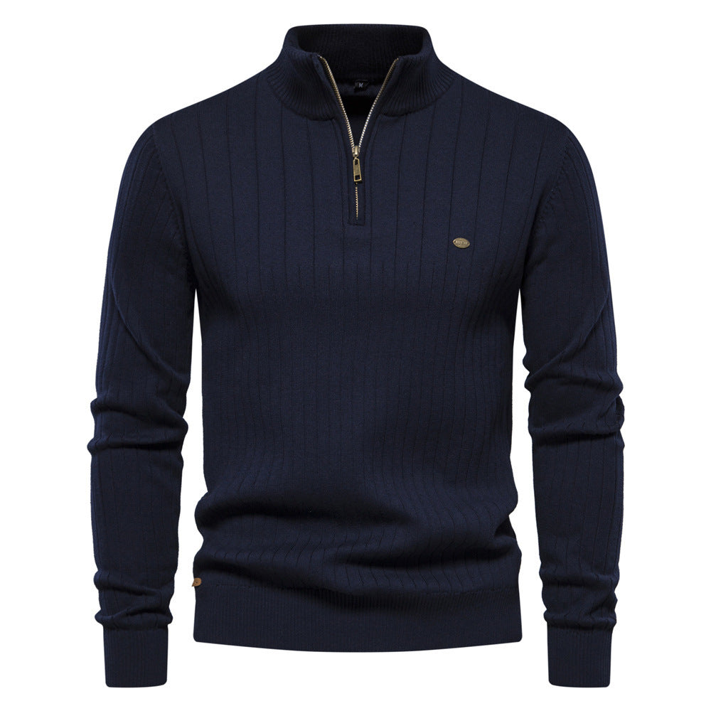 Fashionable Knitted Men's Sweater with Stand Collar and Half Zip