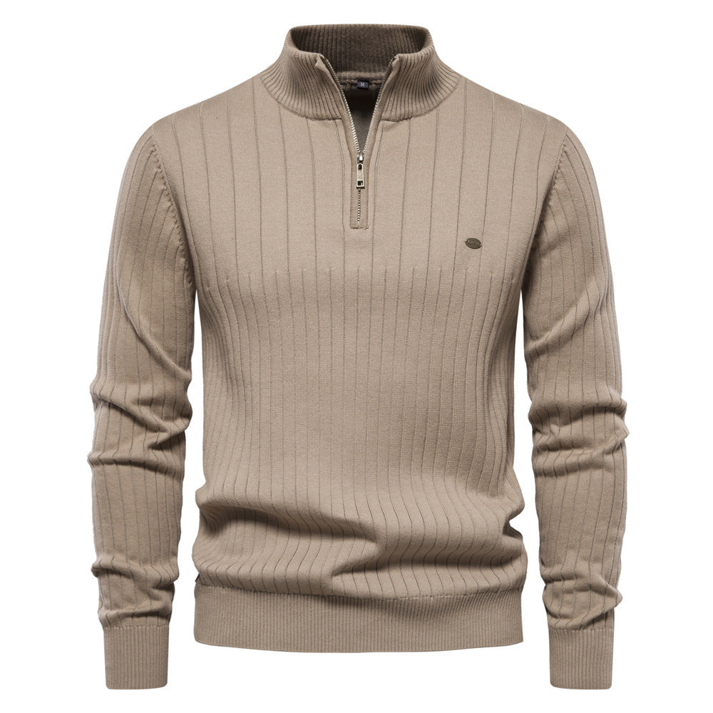 Fashionable Knitted Men's Sweater with Stand Collar and Half Zip