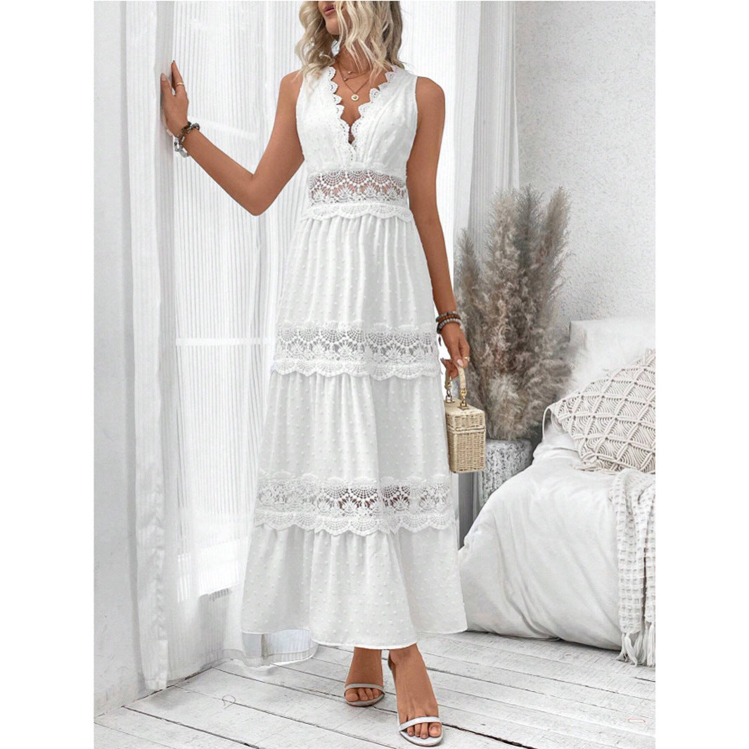 Women's Lace Stitching V Neck Sleeveless Dress