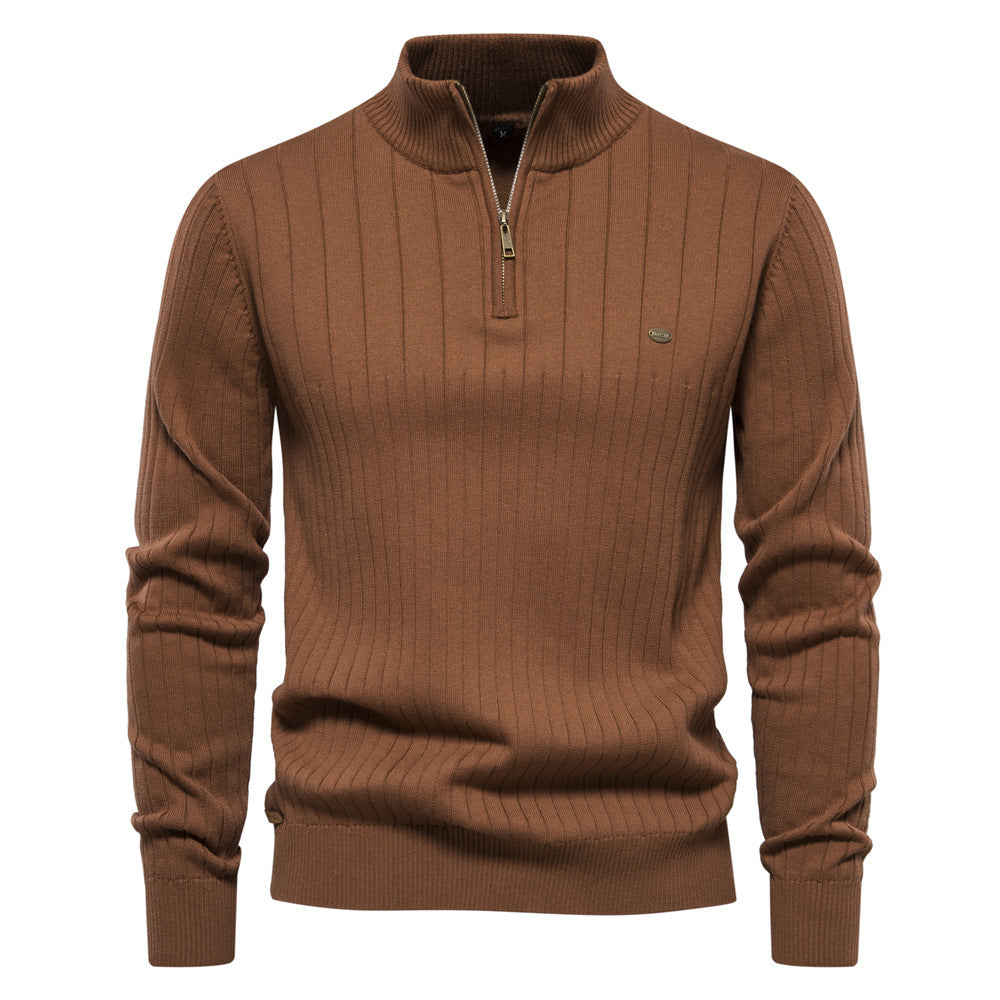 Fashionable Knitted Men's Sweater with Stand Collar and Half Zip